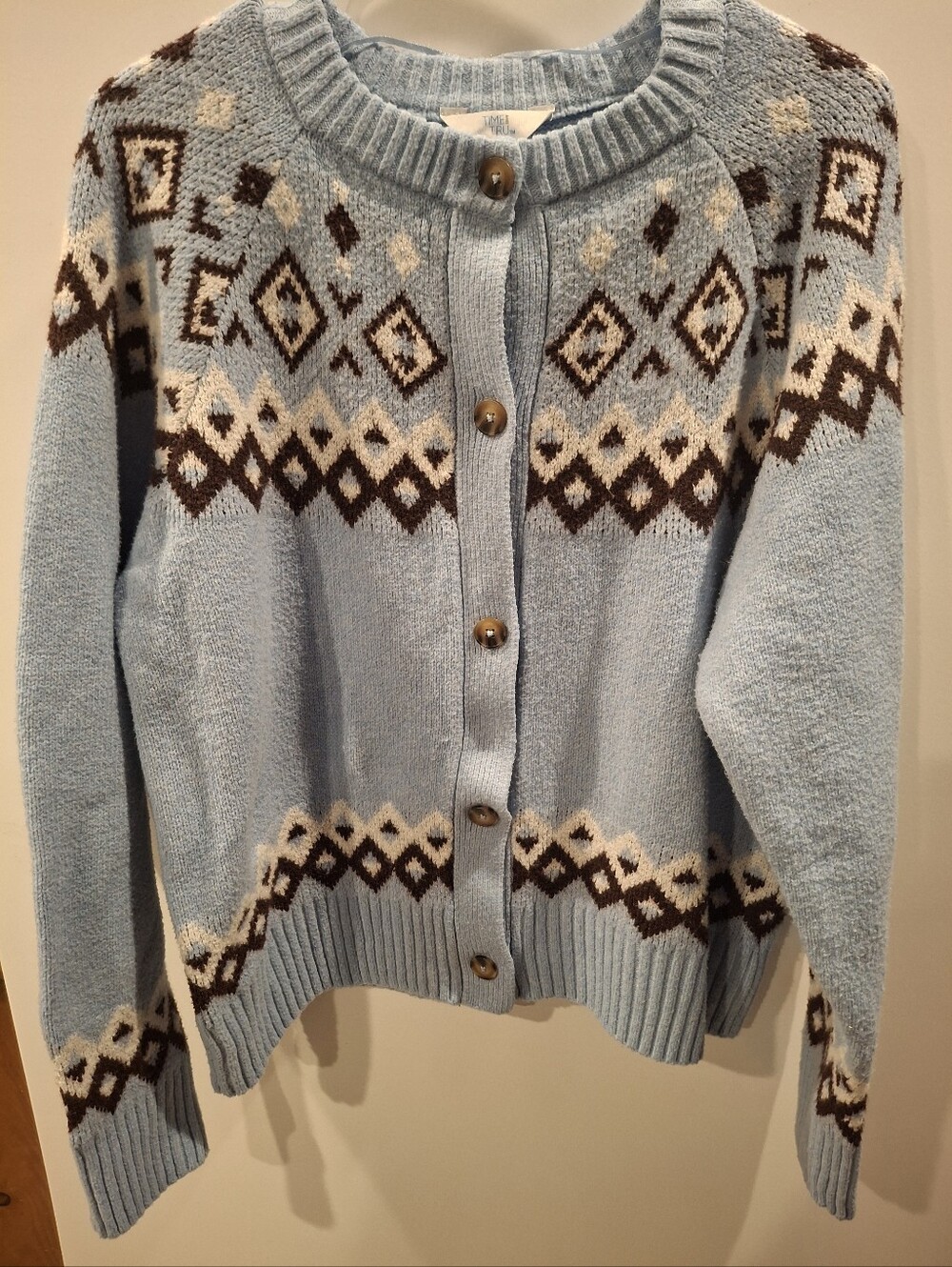 Time and Tru Light Blue Geometric Button-Up Cardigan